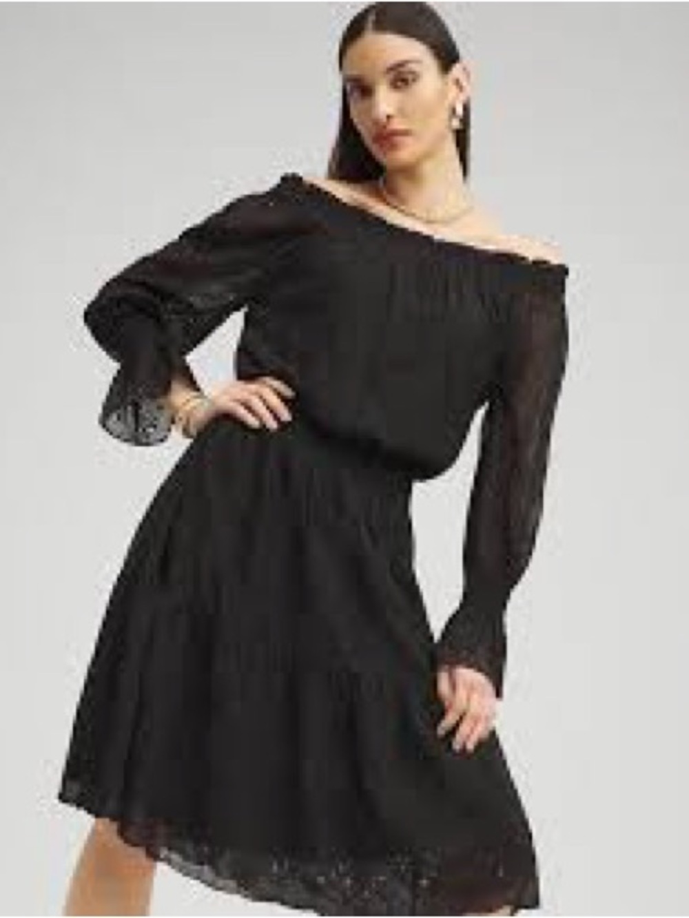 Chico's Black Eyelet Smocked-Waist Long-Sleeve Dress